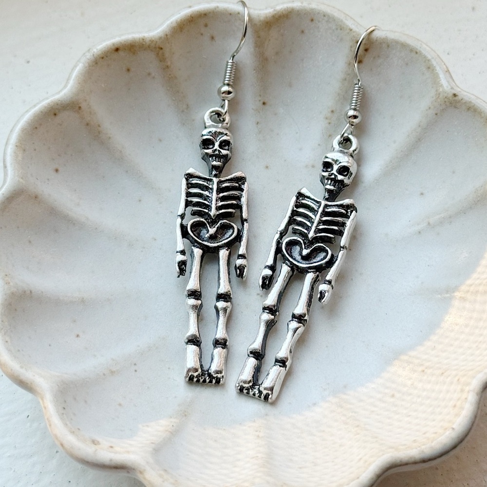 Halloween Skeleton Earrings – Silver Dangle Statement Earrings | Spooky Gothic - Picture 2 of 7